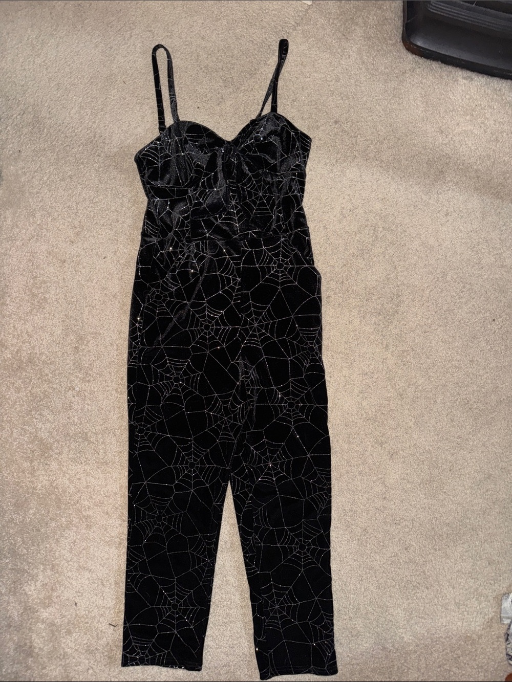 BNWT-Unique Vintage Black Velvet Spiderweb Jumpsuit with Silver Sparkle